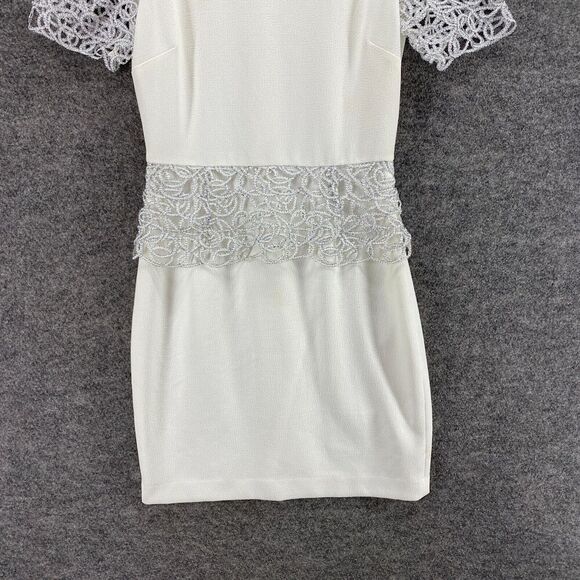 Badgley Mischka Dress Women 4 White Sheath Midi Zipper Lined Short Sleeve - Picture 4 of 9